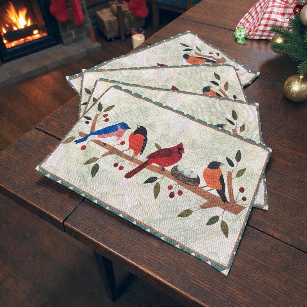 Seliem Set 4 Cloth Placemats Spring Cardinal Blue Bird Bullfinch Farmhouse Table